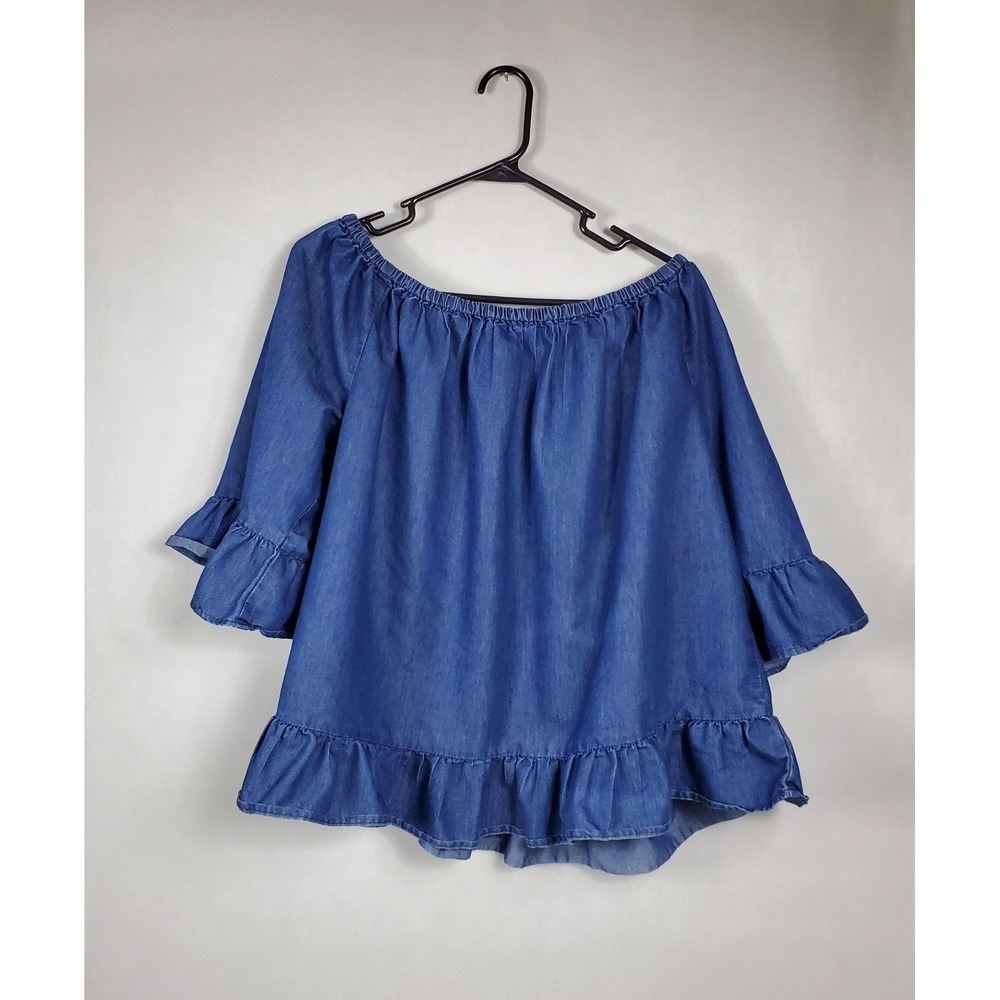 Ashley Stewart Womens Plus 18/20 Blue Denim Off Shoulder Ruffle Bell Sleeve Top
